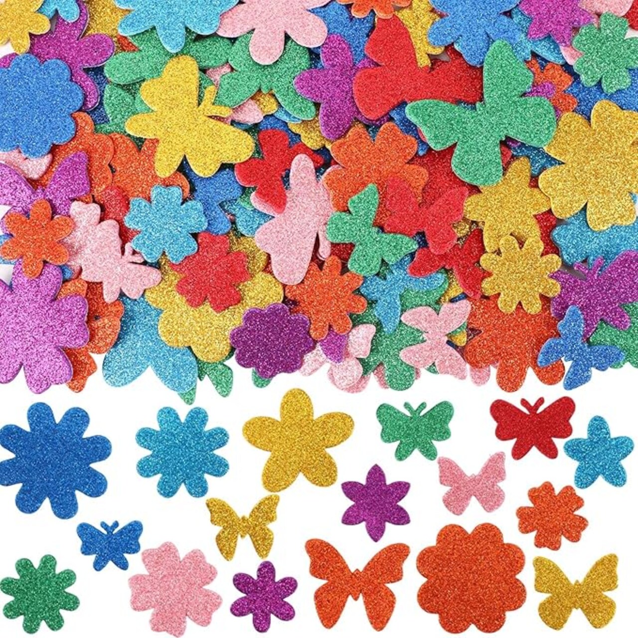 300 Pcs Spring Glitter Foam Stickers - Colorful Flower & Butterfly Shapes - Bulk Self-Adhesive 3D Stickers for Kids' Arts & Crafts, Scrapbooking, and DIY Party Decorations